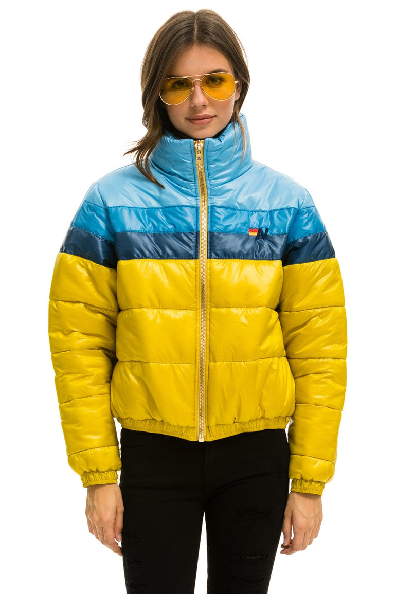 WOMEN'S COLOR BLOCK LUXE APRES PUFFER JACKET - HONEY GLOSSY Jacket Aviator Nation