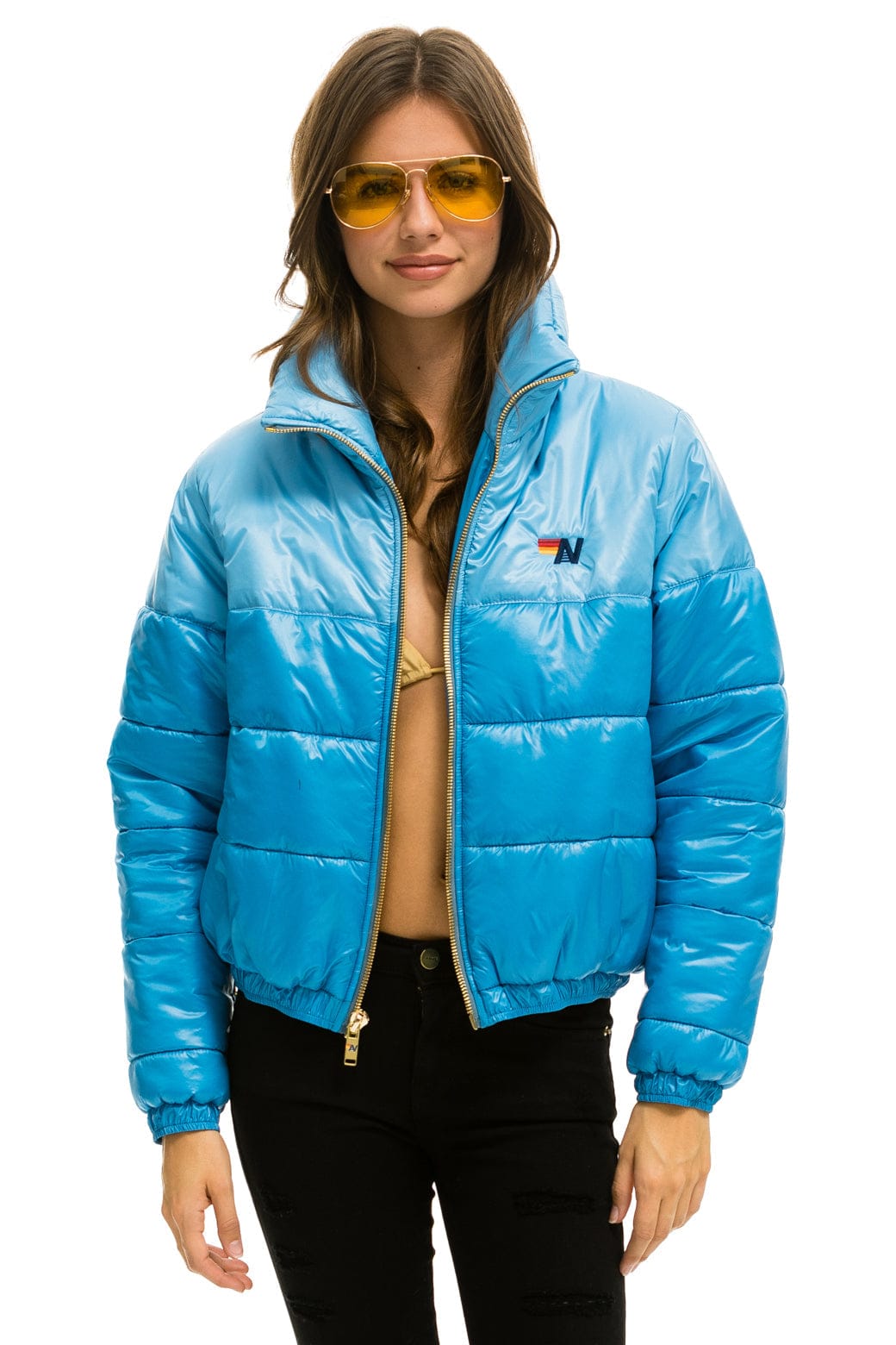 WOMEN'S COLOR BLOCK LUXE APRES PUFFER JACKET - SKY GLOSSY Jacket Aviator Nation