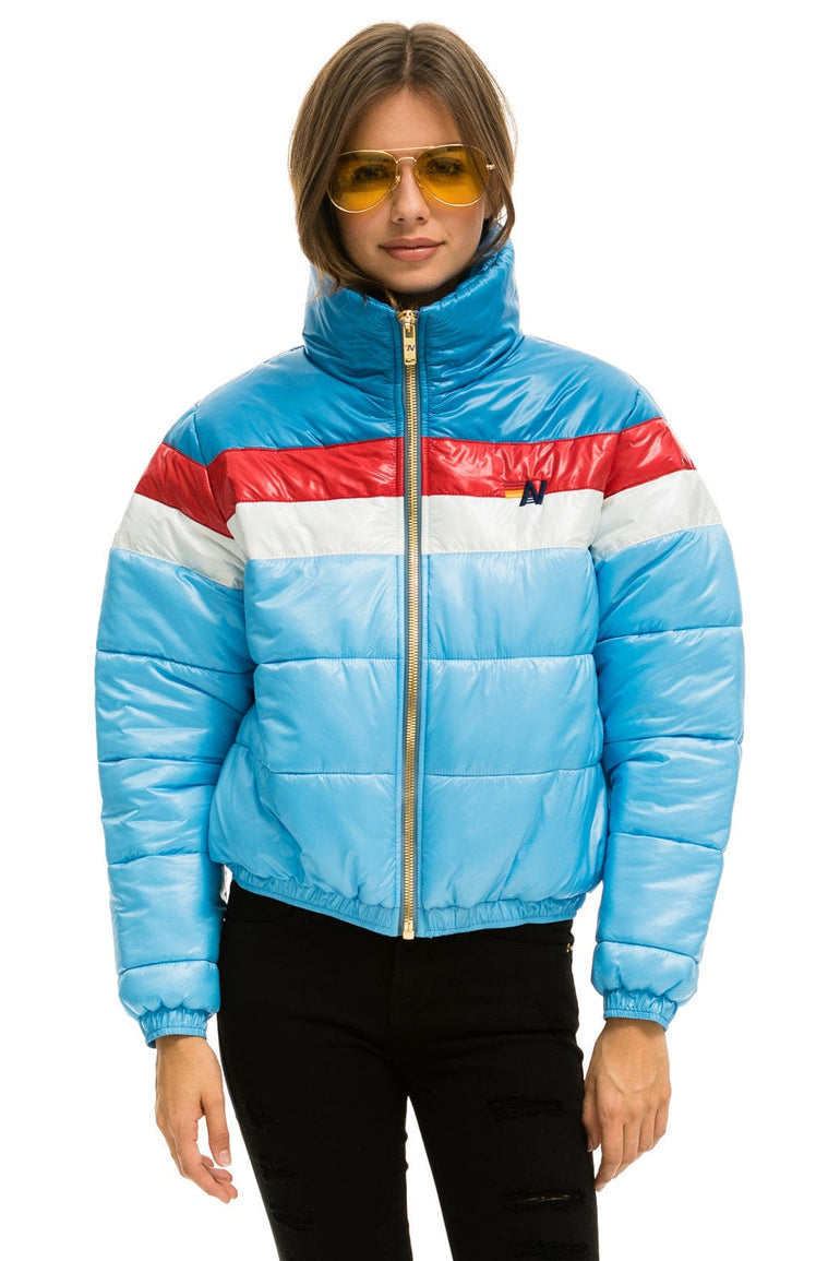 WOMEN'S COLOR BLOCK LUXE APRES PUFFER JACKET - SKY GLOSSY Jacket Aviator Nation
