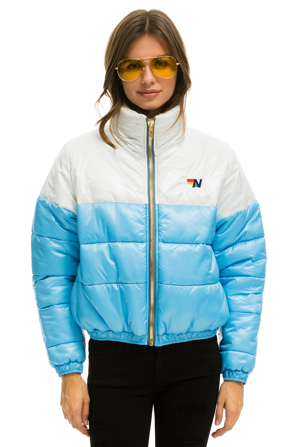 WOMEN'S COLOR BLOCK LUXE APRES PUFFER JACKET - WHITE GLOSSY Jacket Aviator Nation 