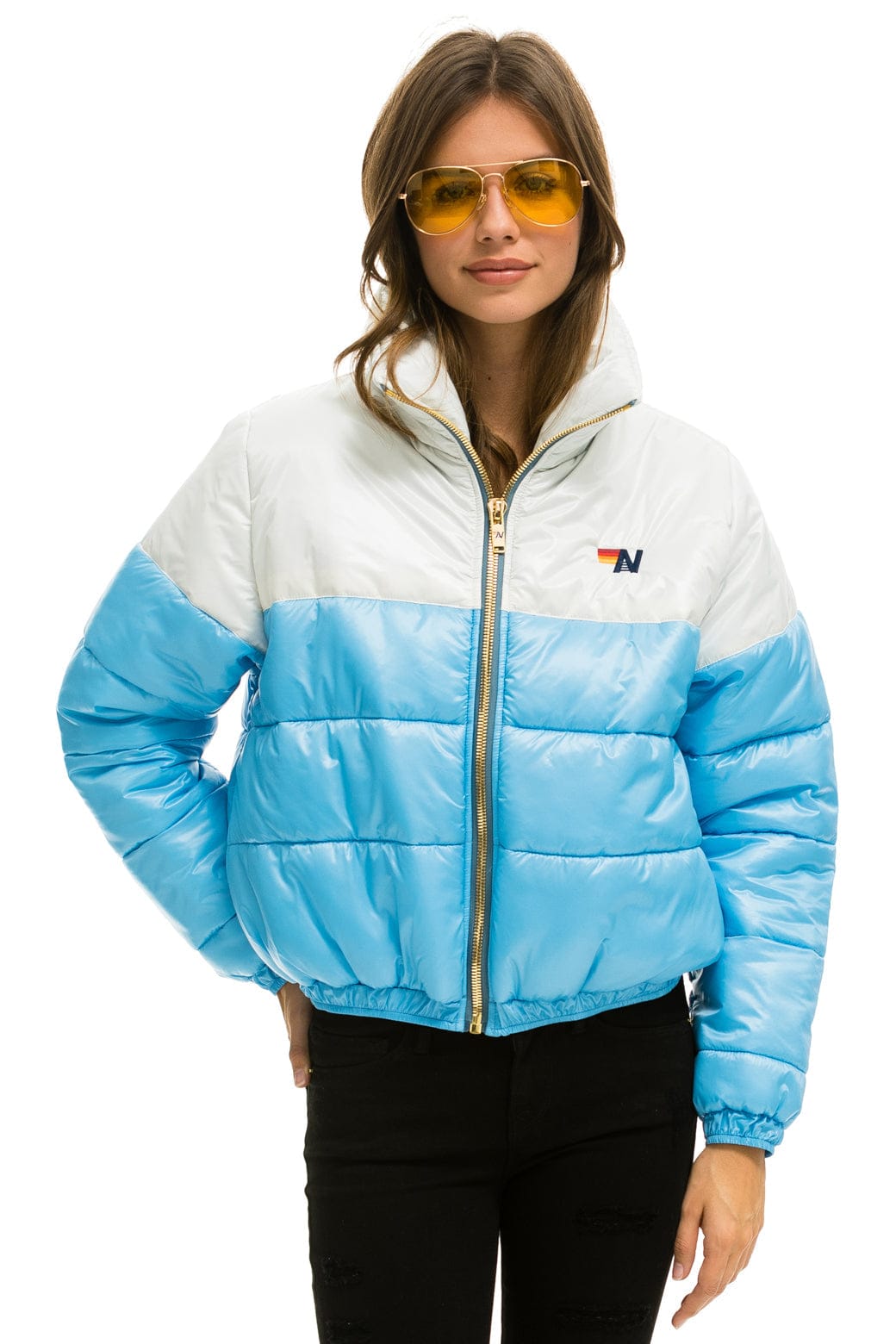 WOMEN'S COLOR BLOCK LUXE APRES PUFFER JACKET - WHITE GLOSSY Jacket Aviator Nation