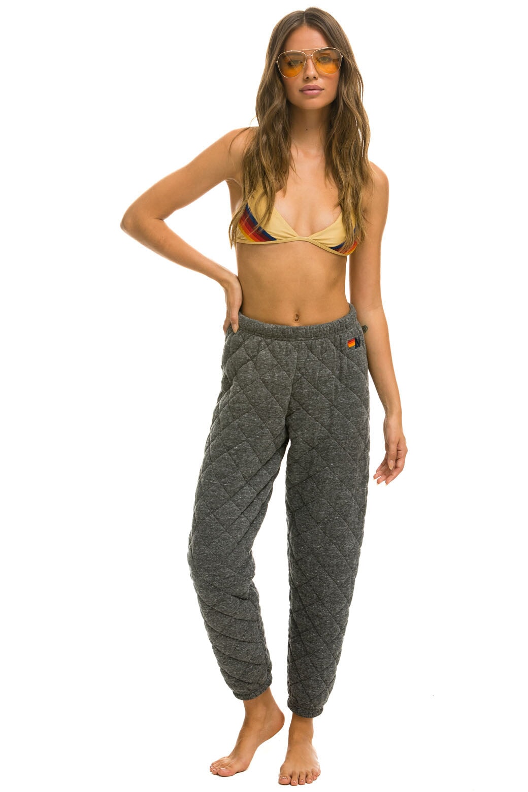 WOMEN'S QUILTED SWEATPANTS - HEATHER GREY Womens Sweatpants Aviator Nation 