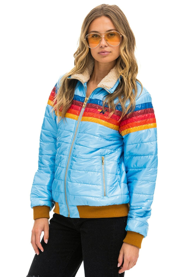 5 STRIPE RAINBOW SLEEVE JACKET - SKY GLOSSY Women's Outerwear Aviator Nation