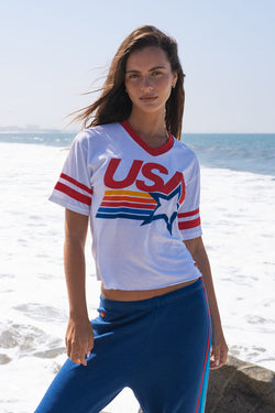 USA STAR VNECK JERSEY BOYFRIEND TEE - WHITE // RED