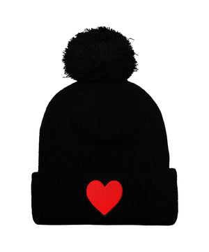 HEART POM POM RIB BEANIE - BLACK