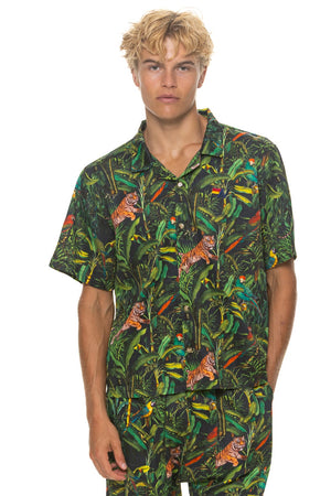 UNISEX COTTON LUXE POPLIN RESORT SHIRT - VINTAGE BLACK // JUNGLE
