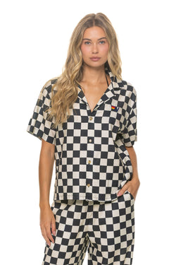 UNISEX COTTON LUXE POPLIN RESORT SHIRT - VINTAGE BLACK // CHECKERED