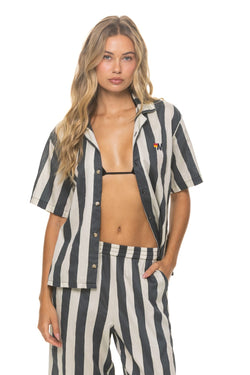 UNISEX COTTON LUXE POPLIN RESORT SHIRT - VINTAGE BLACK // STRIPE