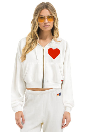 HEART STITCH RELAXED CROP ZIP HOODIE - WHITE