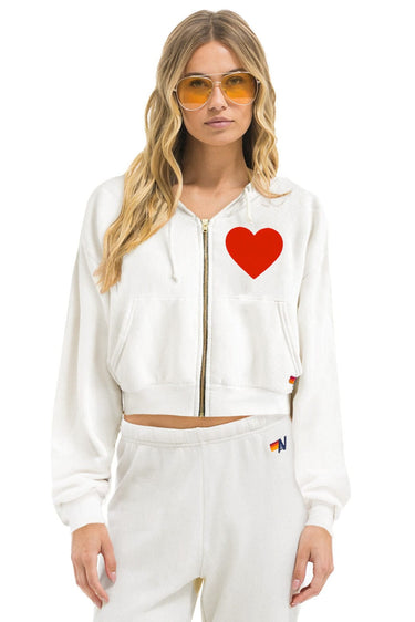 HEART STITCH RELAXED CROP ZIP HOODIE - WHITE