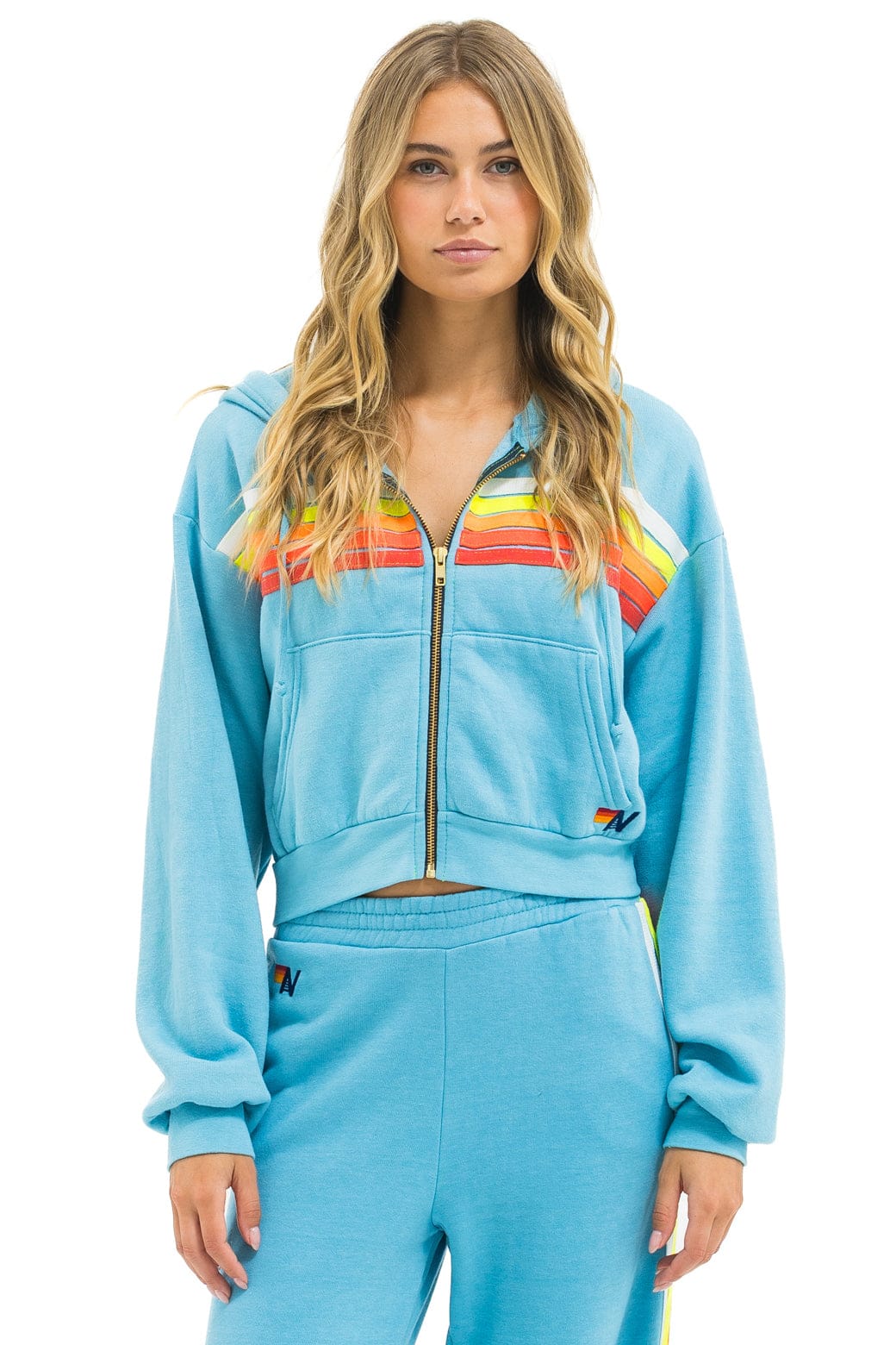 5 STRIPE CROPPED ZIP HOODIE RELAXED - AQUA // WHITE NEON 5 STRIPE CROPPED ZIP HOODIE RELAXED - AQUA // WHITE NEON