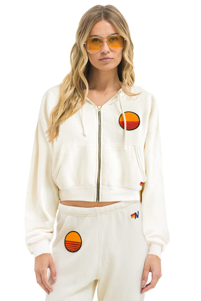 SUNSET PATCH RELAXED CROPPED ZIP HOODIE - VINTAGE WHITE