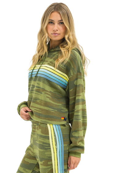 5 STRIPE RELAXED CROPPED PULLOVER HOODIE - CAMO // LIME // AQUA