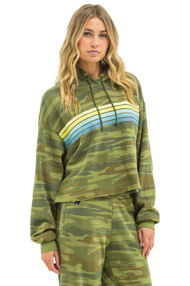 5 STRIPE RELAXED CROPPED PULLOVER HOODIE - CAMO // LIME // AQUA