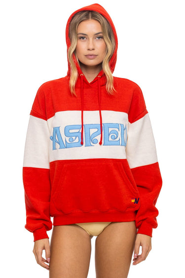 ASPEN EMBROIDERY COLOR BLOCK PULLOVER HOODIE RELAXED - RED // VINTAGE WHITE