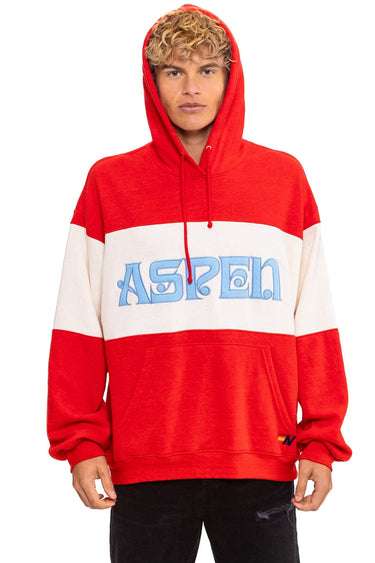 ASPEN EMBROIDERY COLOR BLOCK PULLOVER HOODIE RELAXED - RED // VINTAGE WHITE