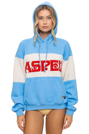 ASPEN EMBROIDERY COLOR BLOCK PULLOVER HOODIE RELAXED - SKY // VINTAGE WHITE