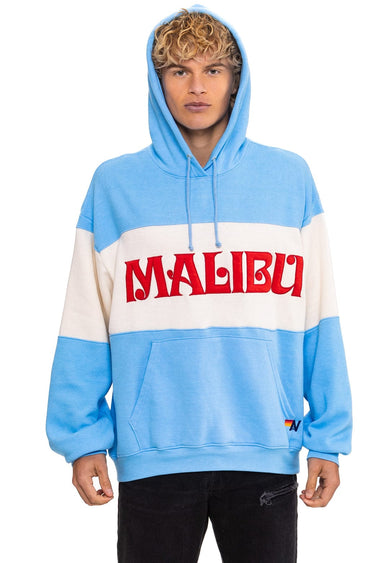 MALIBU EMBROIDERY COLOR BLOCK PULLOVER HOODIE RELAXED - SKY // VINTAGE WHITE