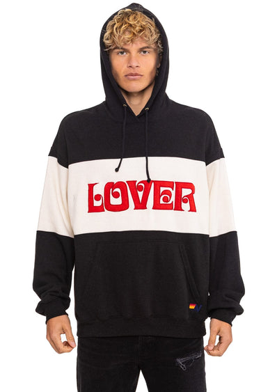 LOVER EMBROIDERY COLOR BLOCK PULLOVER HOODIE RELAXED - BLACK // VINTAGE WHITE