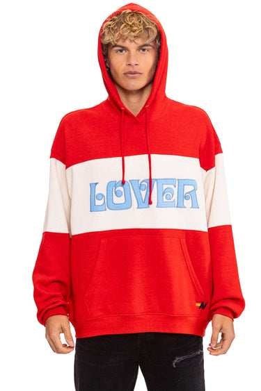 LOVER EMBROIDERY COLOR BLOCK PULLOVER HOODIE RELAXED - RED // VINTAGE WHITE
