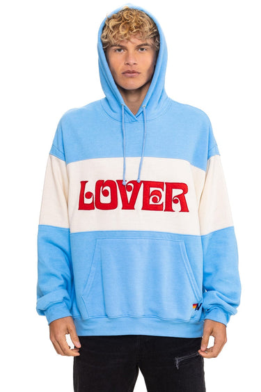 LOVER EMBROIDERY COLOR BLOCK PULLOVER HOODIE RELAXED - SKY // VINTAGE WHITE