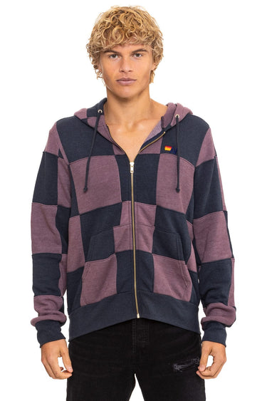 CHECK QUILT ZIP HOODIE - CHARCOAL // MOCHA