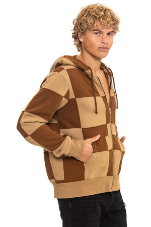 CHECK QUILT ZIP HOODIE - TAN // CINNAMON