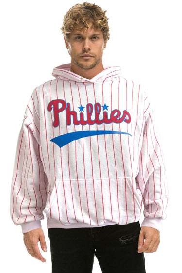 PRESALE: PHILADELPHIA PHILLIES PINSTRIPE 2026 RELAXED PULLOVER HOODIE - WHITE // RED