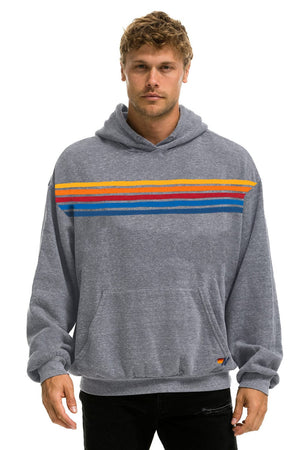 5 STRIPE RELAXED PULLOVER HOODIE - HEATHER GREY
