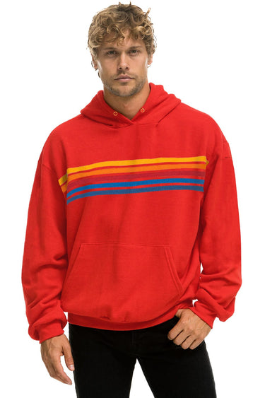 5 STRIPE RELAXED PULLOVER HOODIE - RED