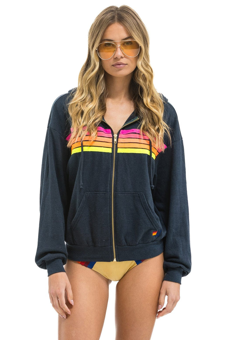 5 STRIPE RELAXED ZIP HOODIE - CHARCOAL // NEON