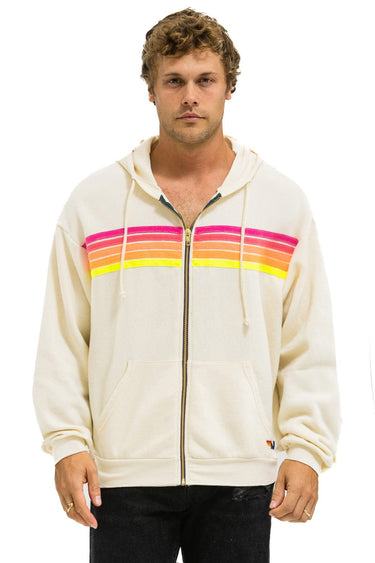 5 STRIPE RELAXED ZIP HOODIE - VINTAGE WHITE // NEON