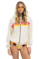 5 STRIPE RELAXED ZIP HOODIE - VINTAGE WHITE // NEON