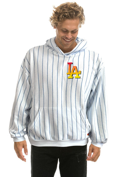 PRESALE: LOS ANGELES DODGERS PINSTRIPE 2026 RELAXED PULLOVER HOODIE - WHITE // BLUE