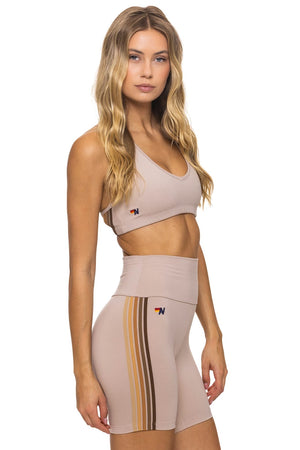 5 STRIPE 5 INCH HI-RISE BIKER SHORT - SAND // ESPRESSO