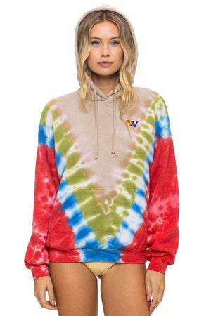 HAND DYED V RELAXED PULLOVER HOODIE - TIE DYE SAND // BLUE RED