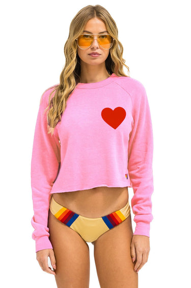 HEART STITCH CROPPED CREW SWEATSHIRT - NEON PINK