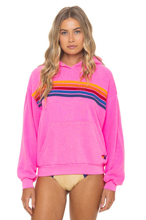 5 STRIPE RELAXED PULLOVER HOODIE - NEON PINK