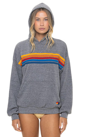 5 STRIPE RELAXED PULLOVER HOODIE - HEATHER GREY