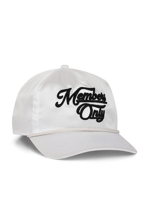 MEMBERS EXCLUSIVE VINTAGE SATIN SCRIPT TRUCKER HAT - WHITE // BLACK