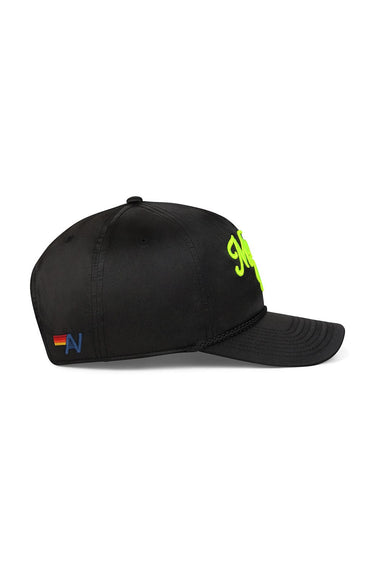 MEMBERS EXCLUSIVE VINTAGE SATIN SCRIPT TRUCKER HAT - BLACK // NEON YELLOW