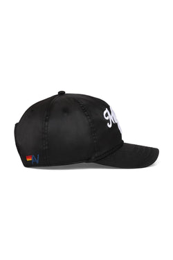 MEMBERS EXCLUSIVE VINTAGE SATIN SCRIPT TRUCKER HAT - BLACK // WHITE