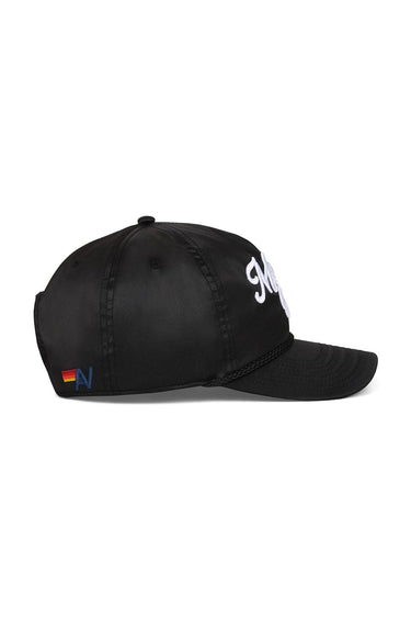 MEMBERS EXCLUSIVE VINTAGE SATIN SCRIPT TRUCKER HAT - BLACK // WHITE