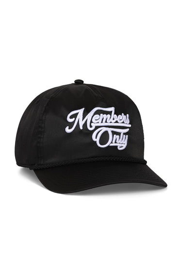 MEMBERS EXCLUSIVE VINTAGE SATIN SCRIPT TRUCKER HAT - BLACK // WHITE