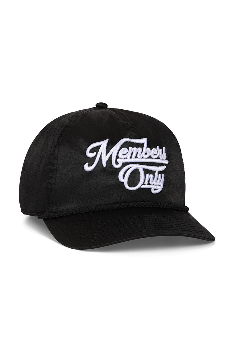 MEMBERS EXCLUSIVE VINTAGE SATIN SCRIPT TRUCKER HAT - BLACK // WHITE