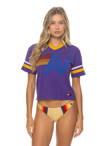Aviator Nation Logo V-Neck Jersey Boyfriend Tee in deep purple with a white and gold logo
