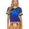 Aviator Nation Logo V-Neck Jersey Boyfriend Tee in navy with a gold logo, front view