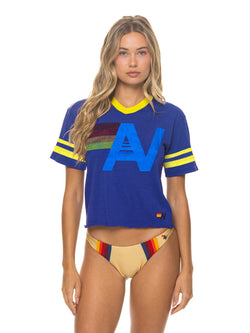 Aviator Nation Logo V-Neck Jersey Boyfriend Tee in navy with a gold logo, front view