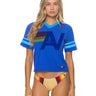Aviator Nation Logo V-Neck Jersey Boyfriend Tee in ocean blue with a neon blue logo, front view