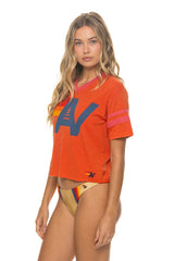 Vintage orange V-neck jersey boyfriend tee with a vintage red Aviator Nation logo, relaxed tri-blend fit